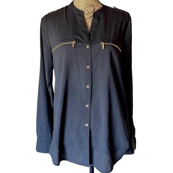 Calvin Klein Tops - Calvin Klein Semi Sheer Long Sleeve Button Up Black Blouse, gold zipper pockets